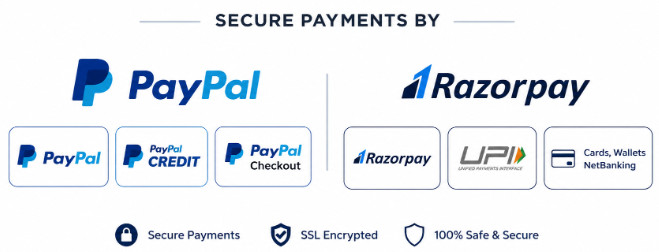 Secure payments by PayPal and Razorpay